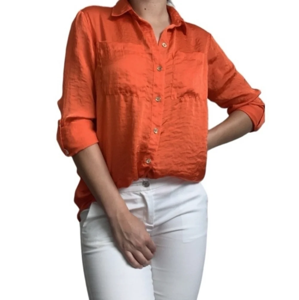 Michael Kors Women's Orange Roll-up Tan Sleeve Button Up Shirt Sz OX